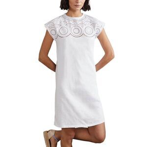 Boden White Jersey Cutwork Embroidered Neckline Cap Sleeve T-Shirt Mini Dress 4R